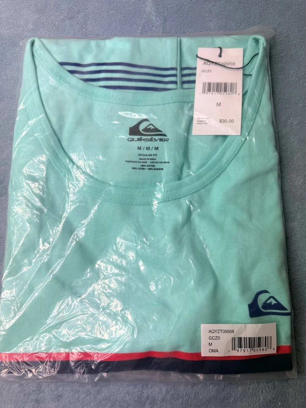 Quiksilver Men’s Mint Green Swim Rash Guard with Navy & Red Stripes